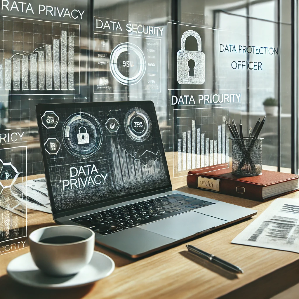 "Workspace di un Data Protection Officer (DPO), focalizzato sulla sicurezza e la privacy dei dati."